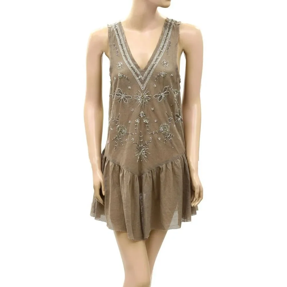 Free People Intimately Nightcap Embellished Slip Mini Dress Sheer BrownXS 290071